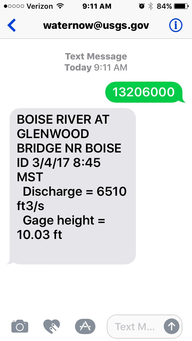 USGS_Idaho's tweet photo. Please RT! #Boise River to rise to #fllood stage Tuesday. Check flows anytime by texting/e-mailing "13206000" to waternow@usgs.gov. https://t.co/cwvX5Tplqb