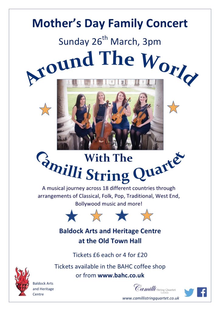CamilliQuartet's tweet photo. Excited to be be performing a #MothersDay family concert at @BaldockTownHall on 26th March! #baldock #concert #music #family 🎻 @BaldockNews https://t.co/mMgvPzKqG5