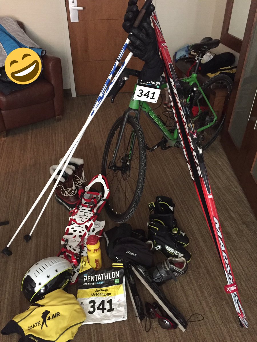 Lot of equipment for #pentathlon 1#biking 2#running 3#skiing 4#skating 5#snowshoerunning #341 #passionP5 1h35' before start