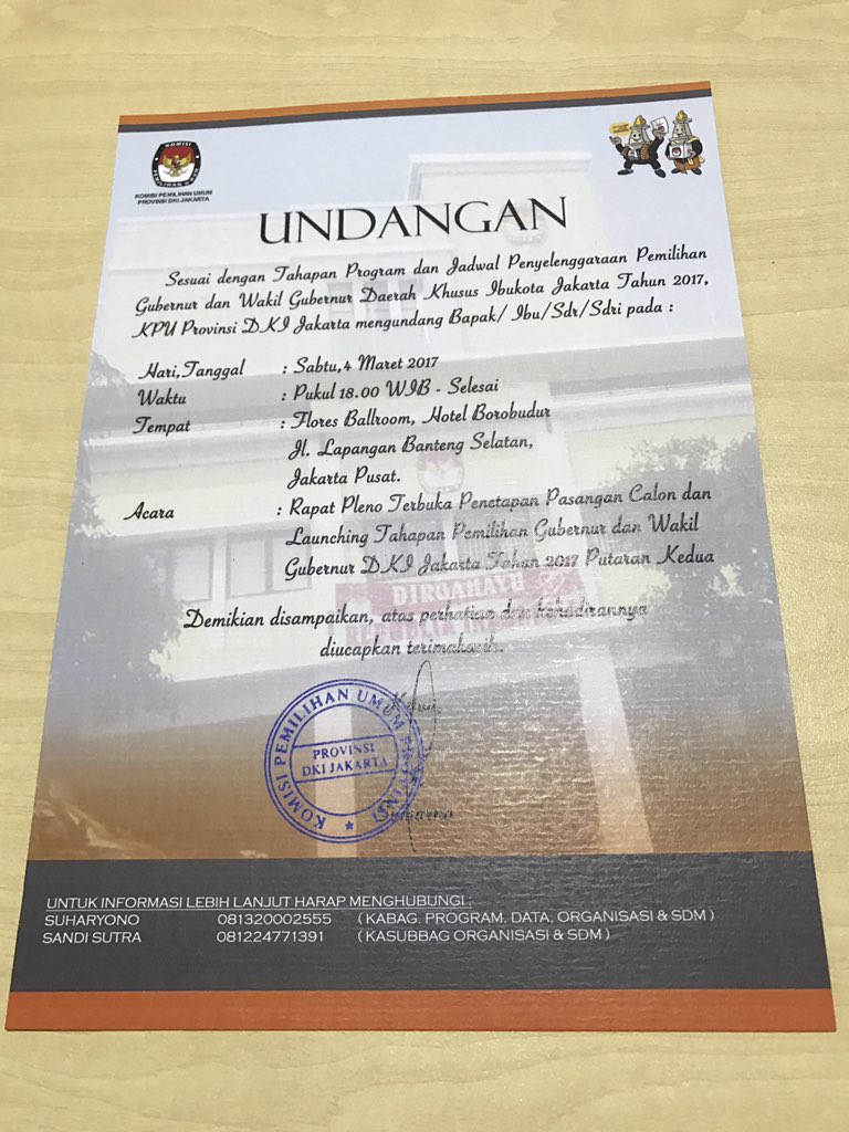 ulinyusron's tweet photo. Ini lho undangan KPUD untuk pengumuman hasil Pilkada di Hotel Borobudur. Selamat mikir #Badja2Menang https://t.co/piOHNecbDk