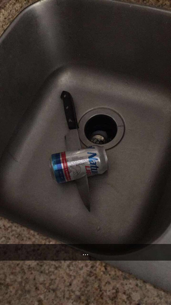 YamWickstrom's tweet photo. Yoooo what the fork someone fricken stabbed a beer last night lmao. Reminds me of the Step brothers drum scene when dale threatens Brennan https://t.co/3wkwlejaNS