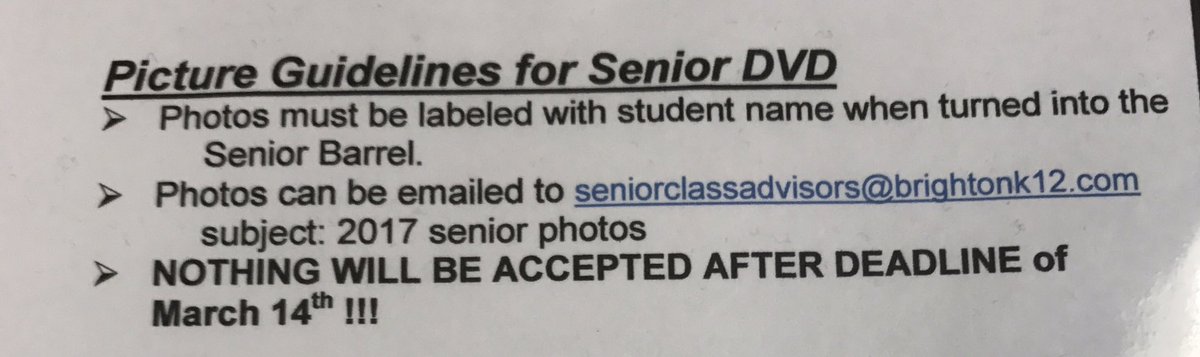 SENIORS! Senior DVD picture deadline is March 14, get them in ASAP!