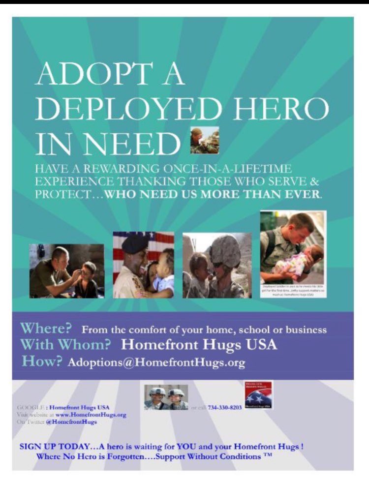 HomefrontHugs's tweet photo. 🎗Find out what it takes :
Adopt a hero today - https://t.co/1EEGpa9DmI #Saythanks #liftmorale #helpstress https://t.co/9QuLHXRUsl