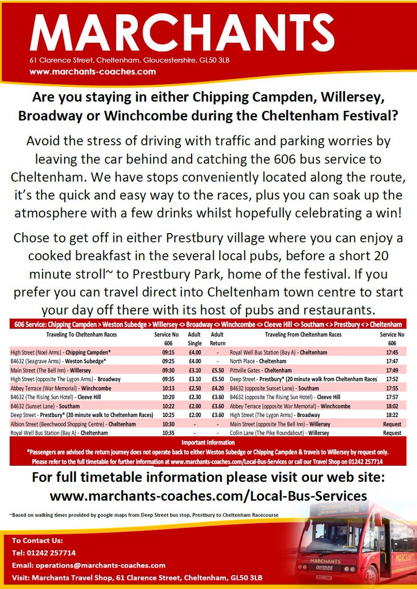 MarchantsBuses's tweet photo. Travelling to the #CheltenhamFestival catch the 606 bus! @radiowinch @discoverwinch @WhiteHartWinch @winchcombeweb @winchcombelife https://t.co/k3Eda7xRWG