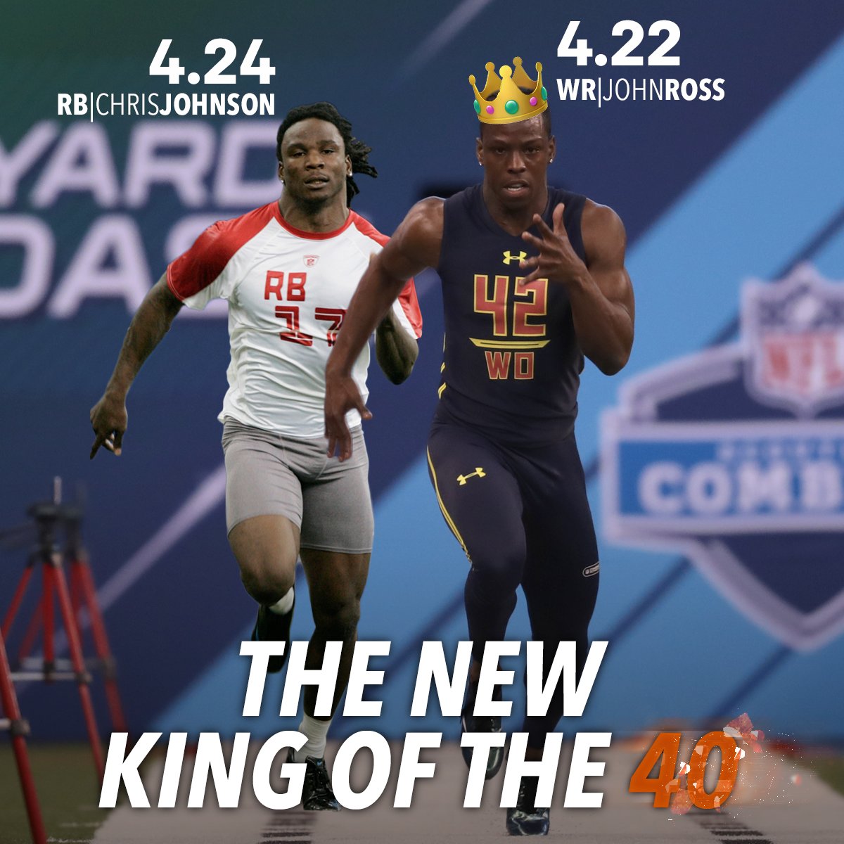 NFL's tweet photo. OFFICIAL: 4.22! There is a new 40-yard dash record holder! 

@WatchJRoss is the new KING of the 40! #NFLCombine https://t.co/Antnt2sgzH