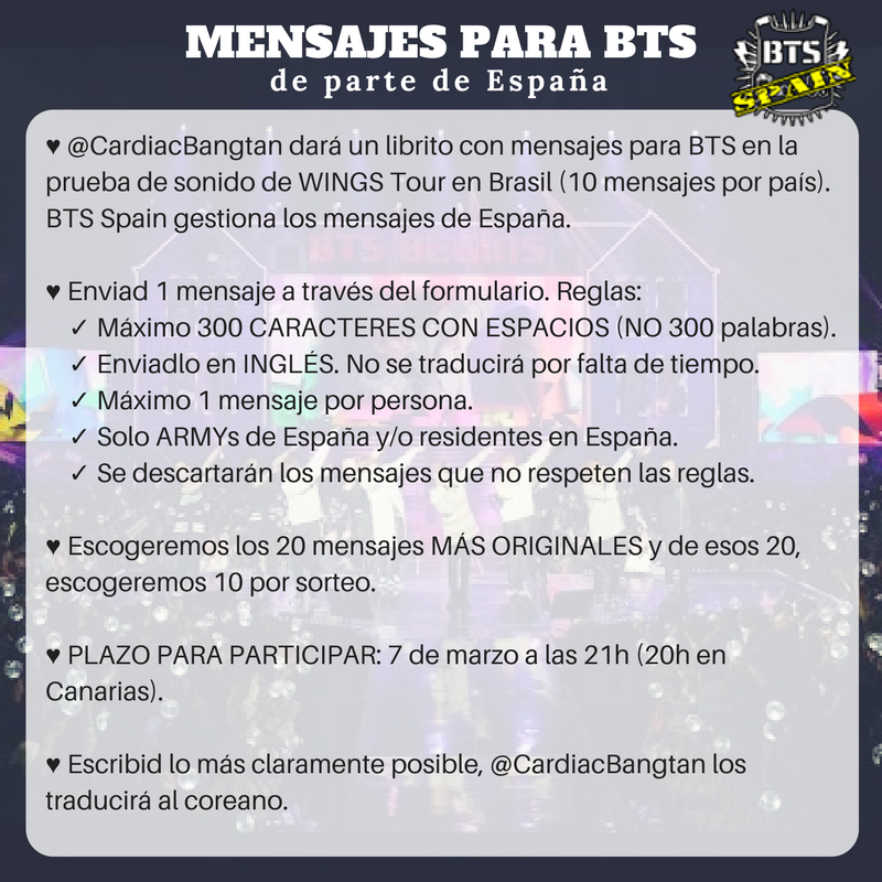 BTS_Spain's tweet photo. 🔸 PROYECTO WINGS TOUR🔸
★ MENSAJES PARA #BTS DE PARTE DE ESPAÑA ★

▶️ Formulario de mensajes: https://t.co/efZFR56XdA
⏰ LÍMITE: 7 de marzo https://t.co/M4OiDR9AJc