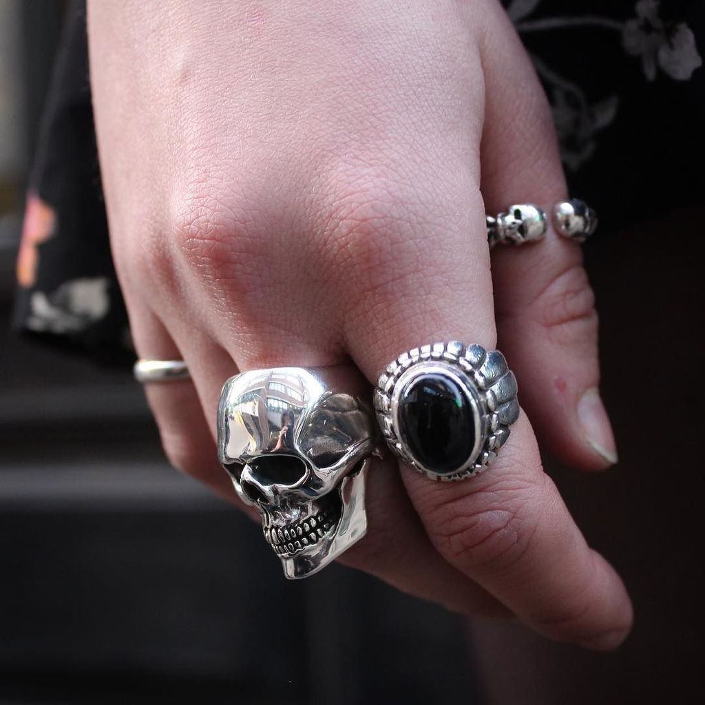 Our Medium Anatomical Skull Ring, Small Navajo with Black Onyx and