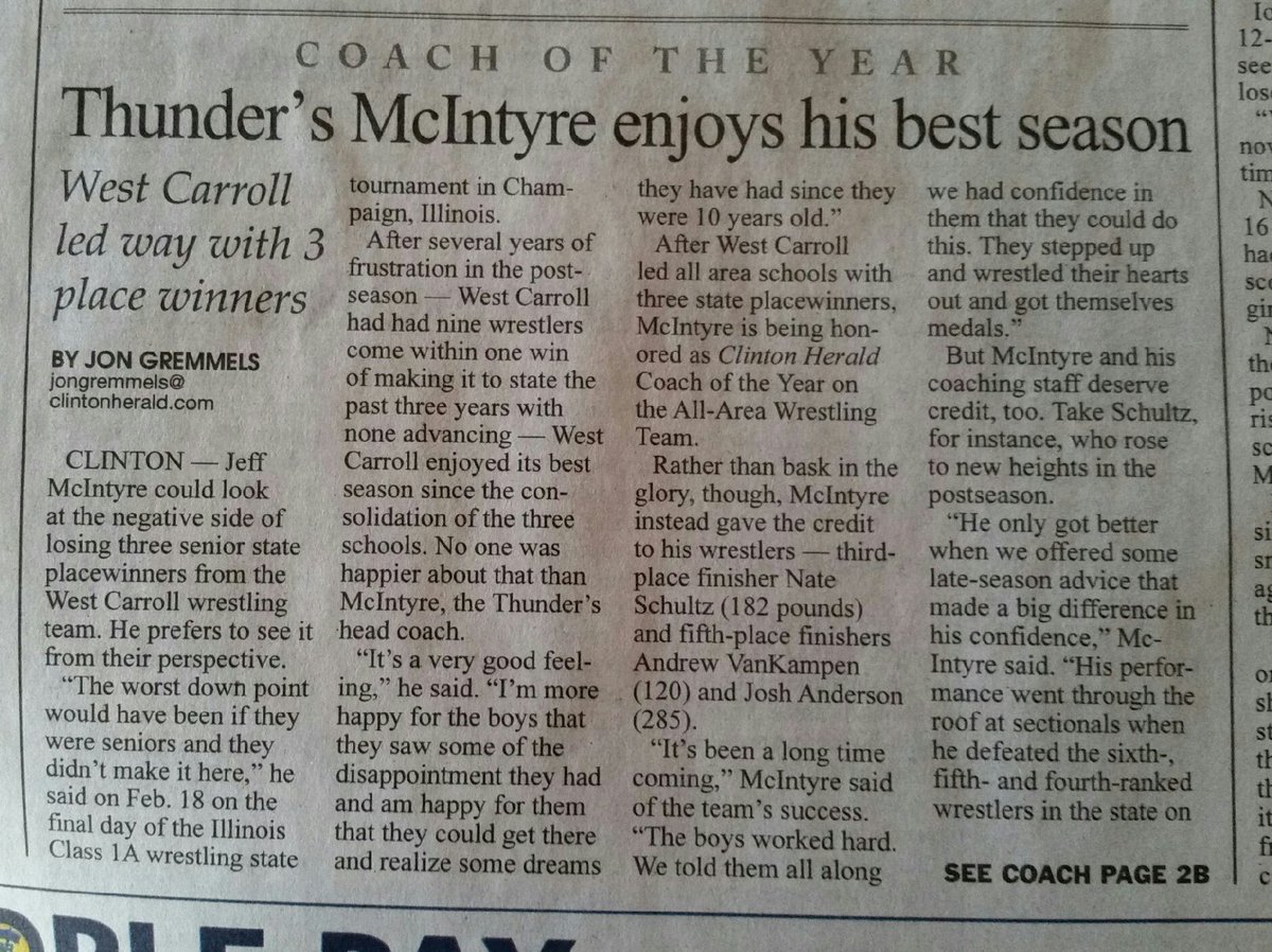 WCHSThunder's tweet photo. From the Clinton Herald Today.  Congrats to Coach McIntyre and his wrestlers on a GREAT season!!  Great Job THUNDER!!! https://t.co/rA34nJ7RO5