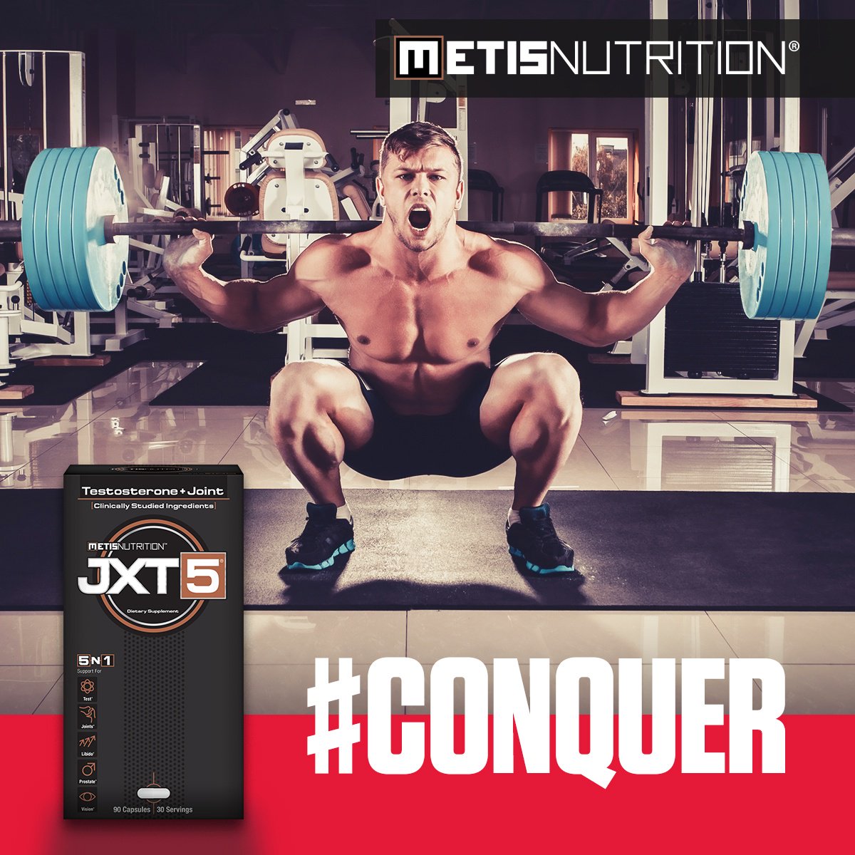 MetisNutrition's tweet photo. Push through and #conquer your workout with #jxt5. Order JXT5® today online at https://t.co/B0roieWrxb or in store @GNCLiveWell. https://t.co/0CfX3HDlIe