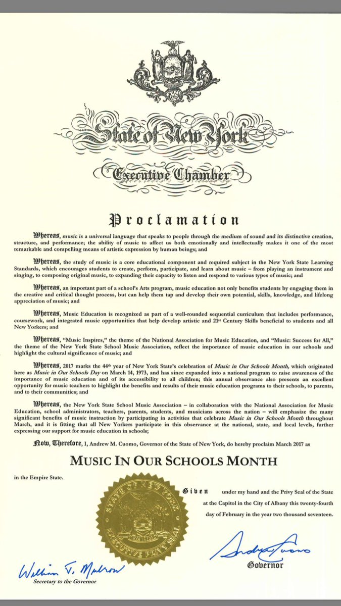 NYSSMA_Official's tweet photo. @NYGovCuomo signs proclamation announcing March, 2017 as "Music In Our Schools Month". #NYMIOSM @nyschoolboards https://t.co/4u2n6AgBQX