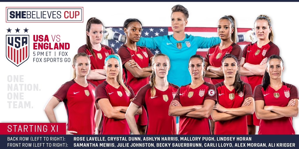 USWNT's tweet image. 2017 #SheBelievesCup. Round 2. Let&apos;s get it.

Introducing your Starting XI for #USAvENG.

Lineup notes: ussoc.cr/2mo3Plz