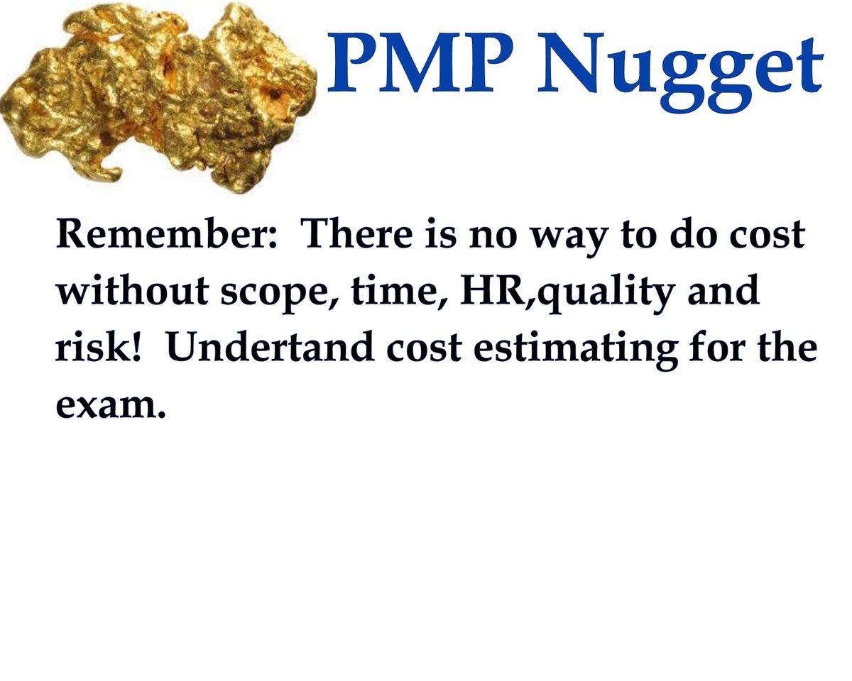 kdlemieux's tweet photo. Before you take the #PMPExam. Learn Cost Estimating. #PMPNugget #PMP #PMPStudy #ThePMPTrainer #CostEstimating #PMPCertification. https://t.co/6djD9UMQHM