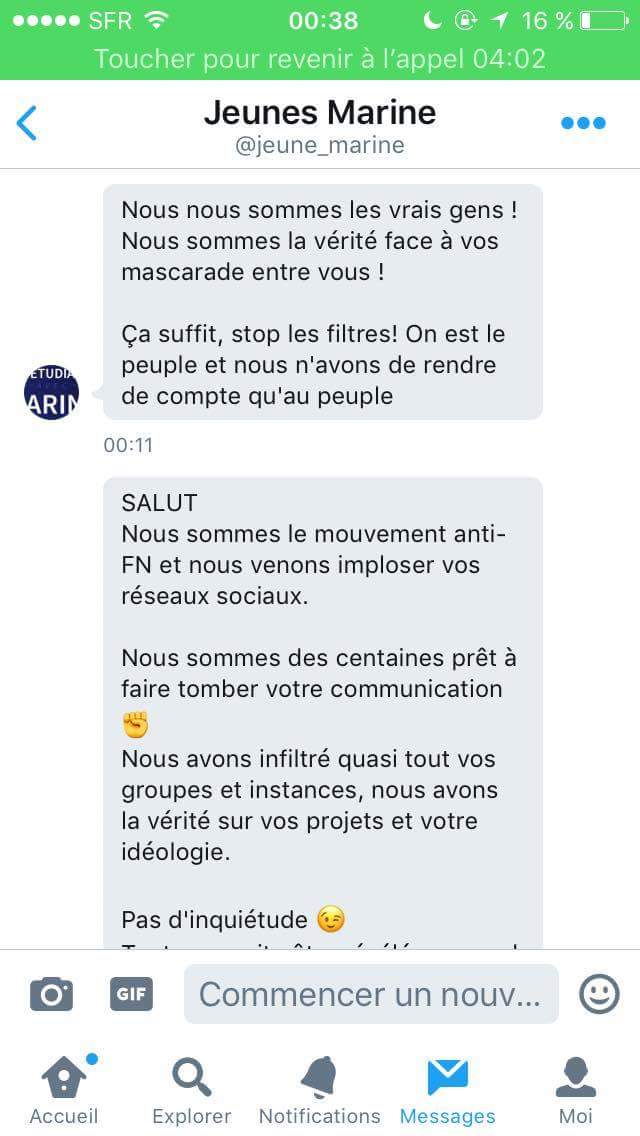 Manon_Bouquin's tweet photo. Merci de signaler le compte faussement officiel anti-FN @jeune_marine qui émet des propos racistes dans le but de discréditer Marine Le Pen. https://t.co/QztolKnjjm