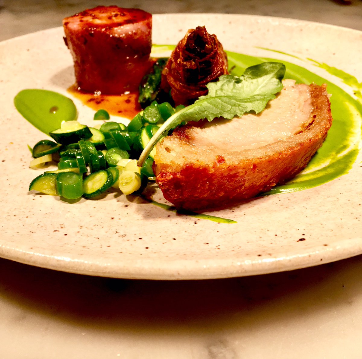 So succulent! Western Plains pork, white pudding, zucchini flower, mustard, dandelion <a href="/WPPork/">Western Plains Pork</a> #melbournefood #succulent #westernplainspork