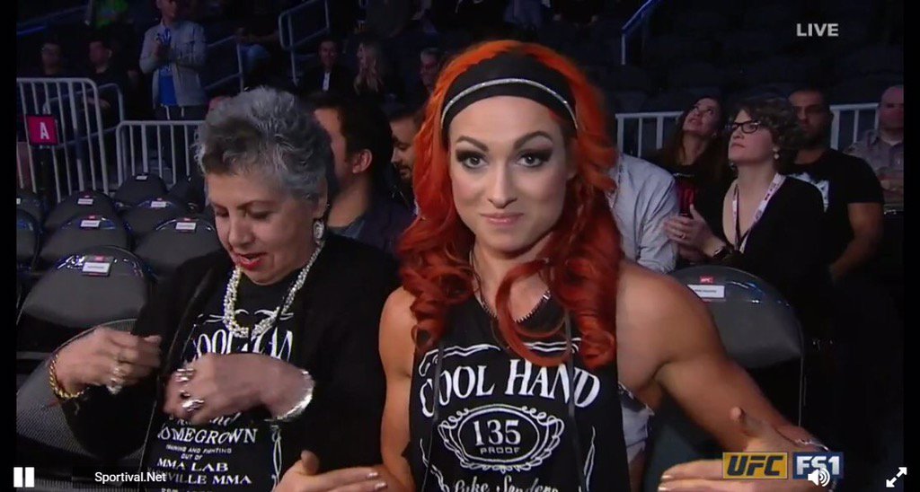 SNS_Pod's tweet photo. @BeckyLynchWWE spotted at #UFC209 cheering on boyfriend Luke Sanders during the FS1 prelims. https://t.co/slu6TTZfr0