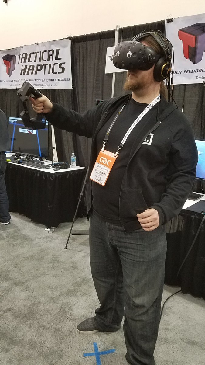 TacticalHaptics's tweet photo. Thanks @AntonHand for trying our new #VR mini-games with our haptic controller + custom @SteamVR Tracker at #gdc17 ! https://t.co/UakUBvYaO9