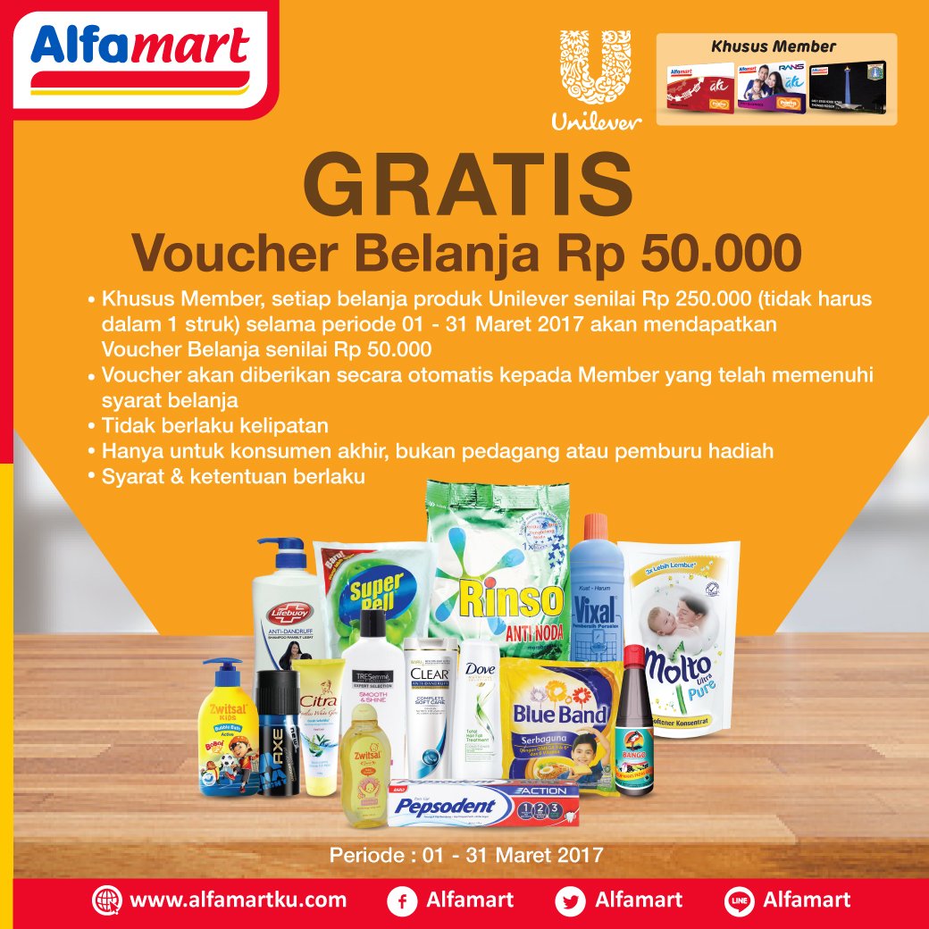 alfamart's tweet photo. Gratis Voucher Belanja Rp 50.000 khusus Member setiap belanja produk Unilever senilai Rp 250.000 https://t.co/8ul1wXR5CQ