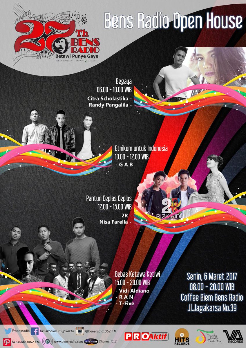 bensradio1062fm's tweet photo. BESOK!!! kongkow seru bareng #TRIOGAB @Gamma1_band @OfficialAdipati @Bagindas_ di Open House 27 Tahun bens Radio #BENS27 #BetawiPunyeGaye https://t.co/BCR1fvPwTw