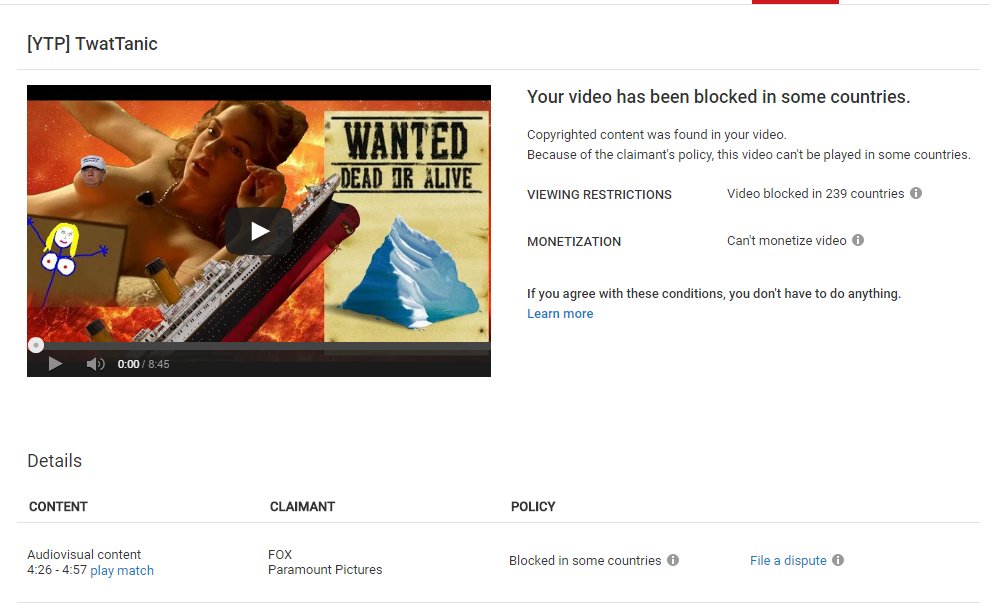 Hunter23UK's tweet photo. Ohhh shit, guys... TwatTanic has effectively been removed from YouTube due to copyright claims.... TIME FOR A REMASTERED REUPLOAD! https://t.co/7Pfmlg4HpY