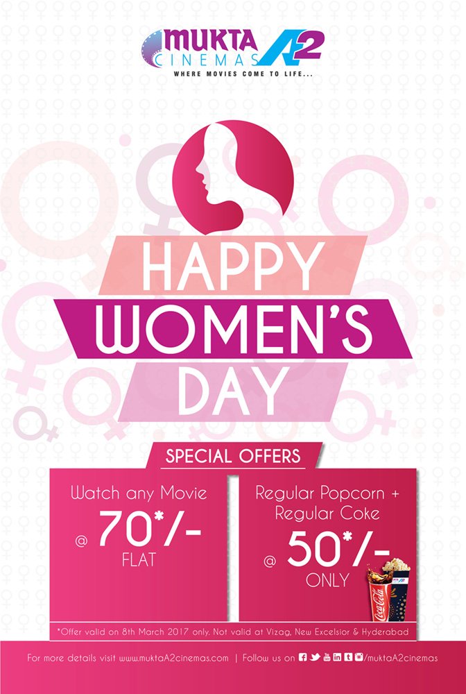 MuktaA2Cinemas's tweet photo. #MuktaA2Cinemas #8thMarch
Women's Day Special!
Watch any #Movie at flat #Rs70/- and enjoy a #RegularPopcorn & #RegularCoke at #Rs50/- only! https://t.co/F2idOAiE9d