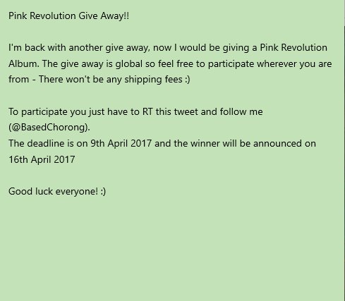 BasedChorong's tweet photo. [!!!] I'm holding my second giveaway ever and all thanks to my friend!!
Read and follow the rules!!
Good luck everyone :)
#Apink #에이핑크 https://t.co/60yGSxFvH0