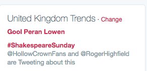 Well done <a href="/HollowCrownFans/">Hollow Crown Fans</a> - #ShakespeareSunday is trending AGAIN!!