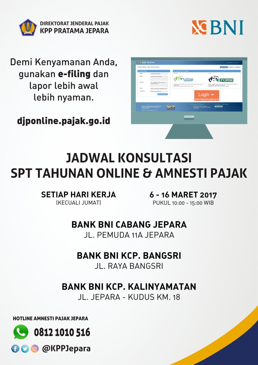 #Sahabat516 dapat mencatat lokasi <a href="/BNI/">PT Bank Negara Indonesia (Persero) Tbk.</a> terdekat. Yuk #LaporSPT &amp; #AmnestiPajak. Sekarang mudah, gak pakai ribet 😉 #BanggaBayarPajak