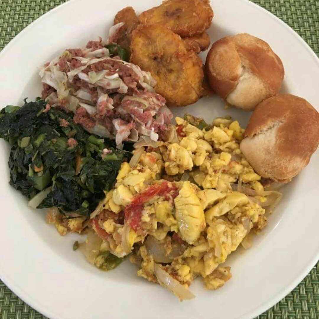 PICaDINNER's tweet photo. #PICaDINNER entered by @ki3shia for the  #PICaDINNERCOMP features #frieddumplings #ackee and #saltfish #plantain #callaloo and #cornbeef https://t.co/ND3Pdq052G