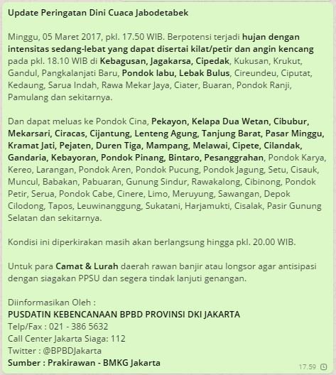 BPBDJakarta's tweet photo. Update Peringatan Dini #Cuaca #Jabodetabek
Mulai pkl. 17.50 WIB hingga pkl. 20.00 WIB. https://t.co/rOrGk5JoYW