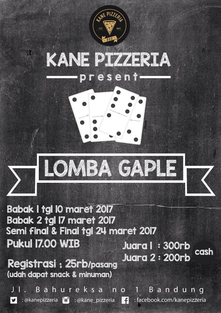 yuuu ikutan lomba gaple
more info :
line <a href="/kanepizzeria/">Kane Pizzeria</a> atau <a href="/rizkycfhc/">Anugerah Rizky</a> 🙏
#lombagapleh #kanepizzeria