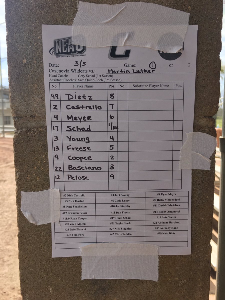 CAZ_Baseball's tweet photo. Today's starting lineup for Game 1 vs. Martin Luther! 📋⚾️ #CazBase https://t.co/W46robdCRI