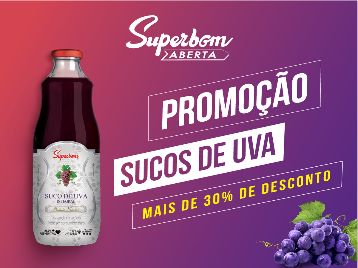 superbomBR's tweet photo. Toda a linha de sucos de uva com um preço especial na #SuperbomAberta. Participe e compartilhe com os amigos! https://t.co/vgqI6SXT4l