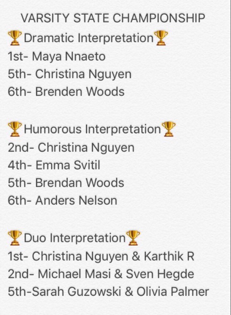 alpha__drama's tweet photo. Congratulations to our Alpha Speech Team for a successful performance at the Varsity State Championship! https://t.co/Scvc2Kzawq