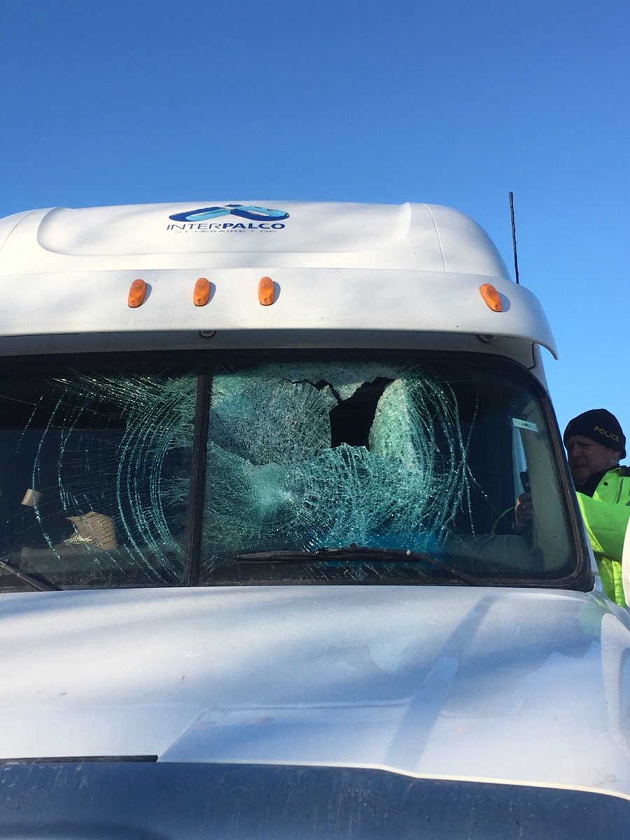 20 lb turkey vs transport on 401 @ Gananoque. Driver okay/turkey deceased and in the cab. Removed by OPP!