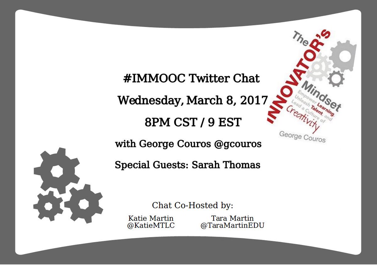 TaraMartinEDU's tweet photo. #IMMOOC Twitter Chat Round2
Wed March 8 @8PM CST
Special guest @sarahdateechur 💥
@KatieMTLC @gcouros
#tlap #ditchbook #satchatwc #BookSnaps https://t.co/budTiUbr0v