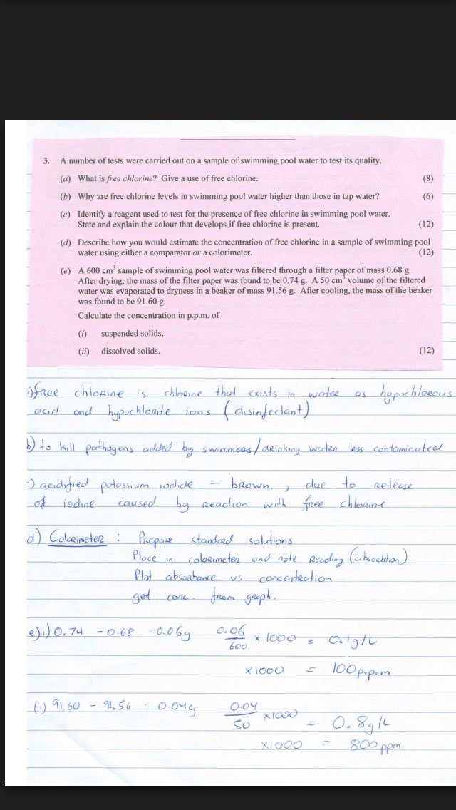 LCNotesOnline's tweet image. LC CHEMISTRY Higher Level: Experiment - conc. of chlorine in swimming pool water. 
Sample Answer from Mock Paper