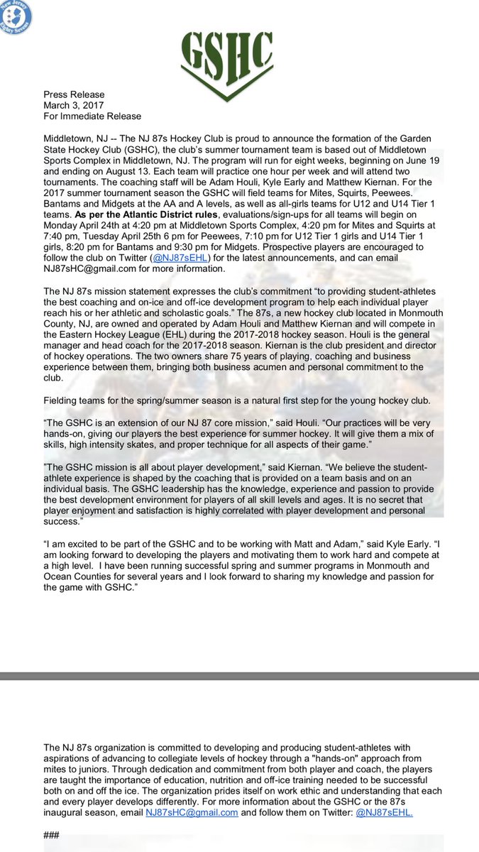 NJ87sEHL's tweet photo. GSHC will be the official summer program for NJ 87s #87way. Questions reach out via here or email. https://t.co/d9Qfcu55Po