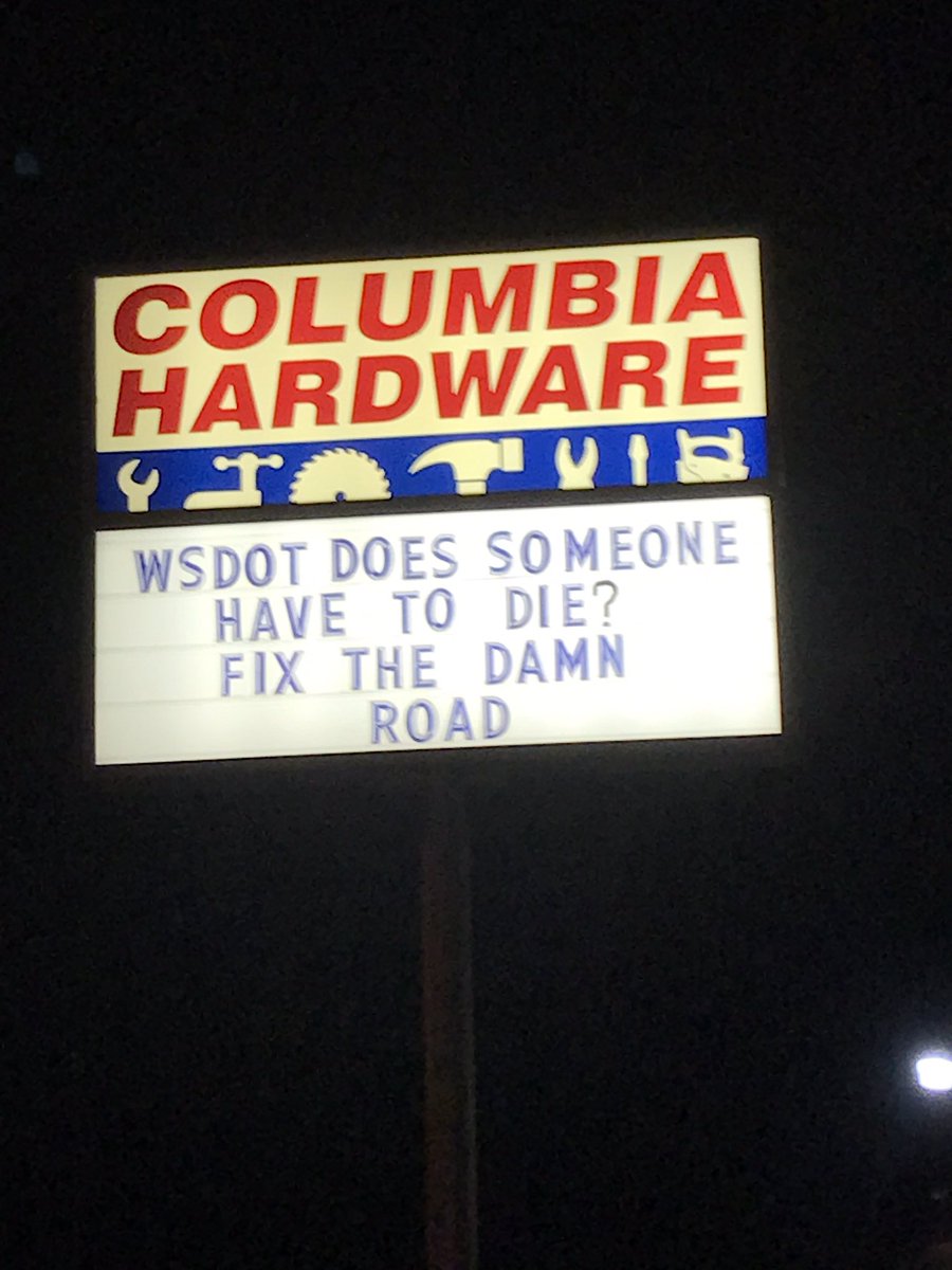 jadie_rae's tweet photo. @KATUNews @thecolumbian  Hwy 14 in Stevenson is a death trap and our town has finally had enough! Look at Columbia Hardware's sign @KOINNews https://t.co/nG2jAi7rgW