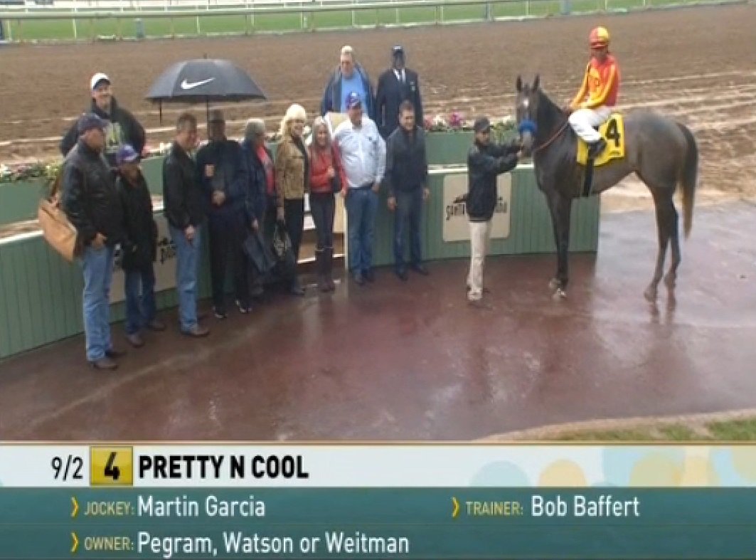 TwinSpires's tweet photo. #PrettyNCool prevails over four rivals, rainstorm while making 4yo debut in #LasFlores (G3) @santaanitapark https://t.co/wufkZi4gEe