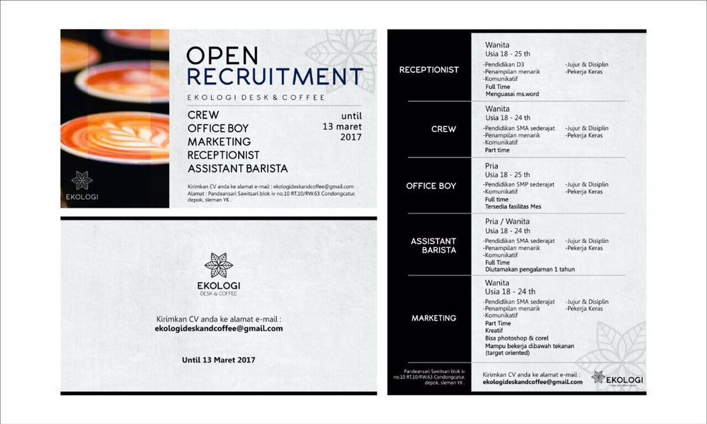 ardanzFA's tweet photo. @JogjaLowKer #jogjalowker barista,server,receptionist,ob| part dan full|ce/co, min 18th| ekologideskandcoffee@gmail.com, cp 08112630889 https://t.co/Y4HspxeEVt