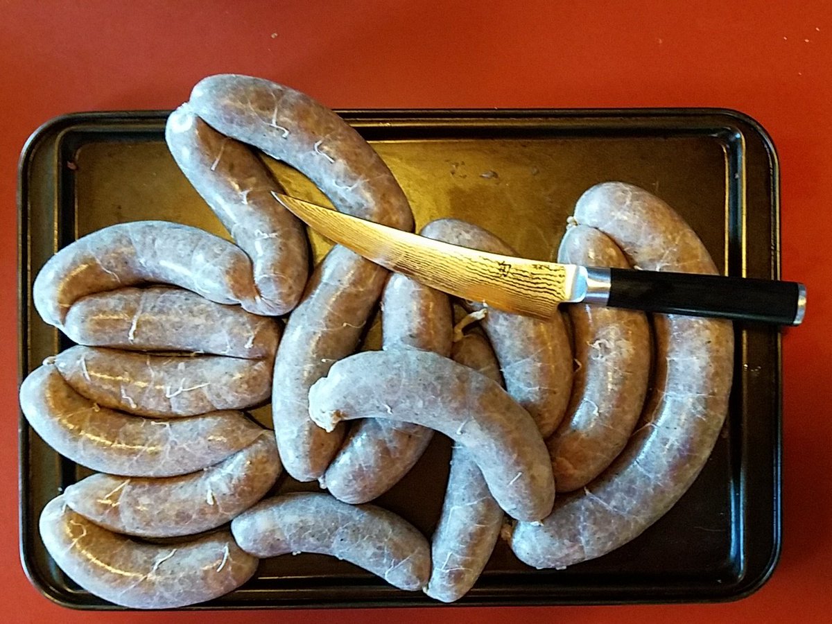 almostablaze's tweet photo. Before and after #andouille #sausage with #bassale reduction 
#damascus steel with
 #fiddleback #maple handle
#lifeisgood https://t.co/SYIn6ocwGV
