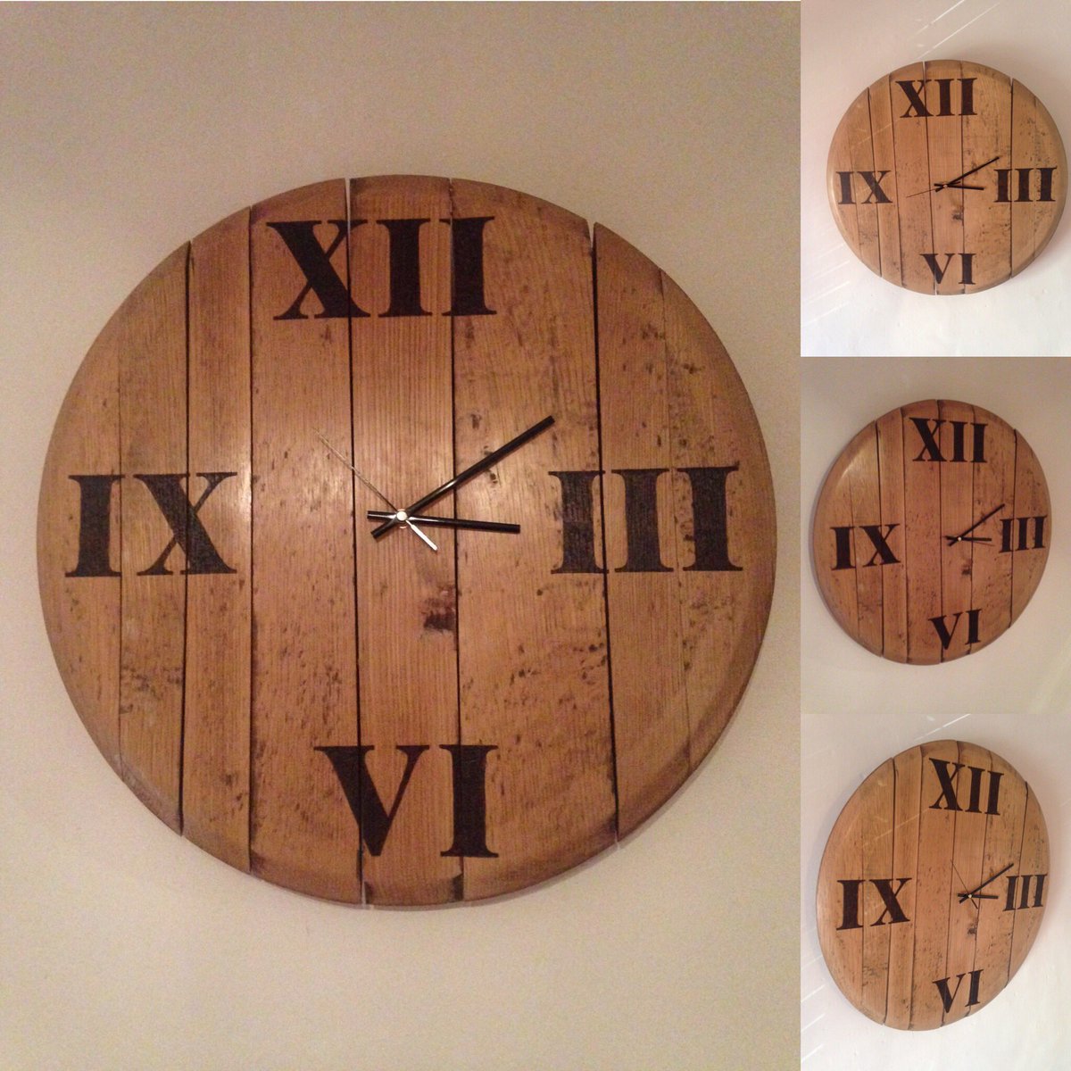 TabulaRasaC's tweet photo. A beautiful whisky barrel clock, the Roman numerals added by the art of pyrography 😀 https://t.co/WrHjVtorNR