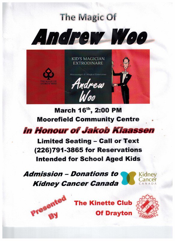 March 16 #magic show @ Moorefield Community Centre in honour of #kidneycancerawarenessmonth call to reserve your seat #mapletontwp