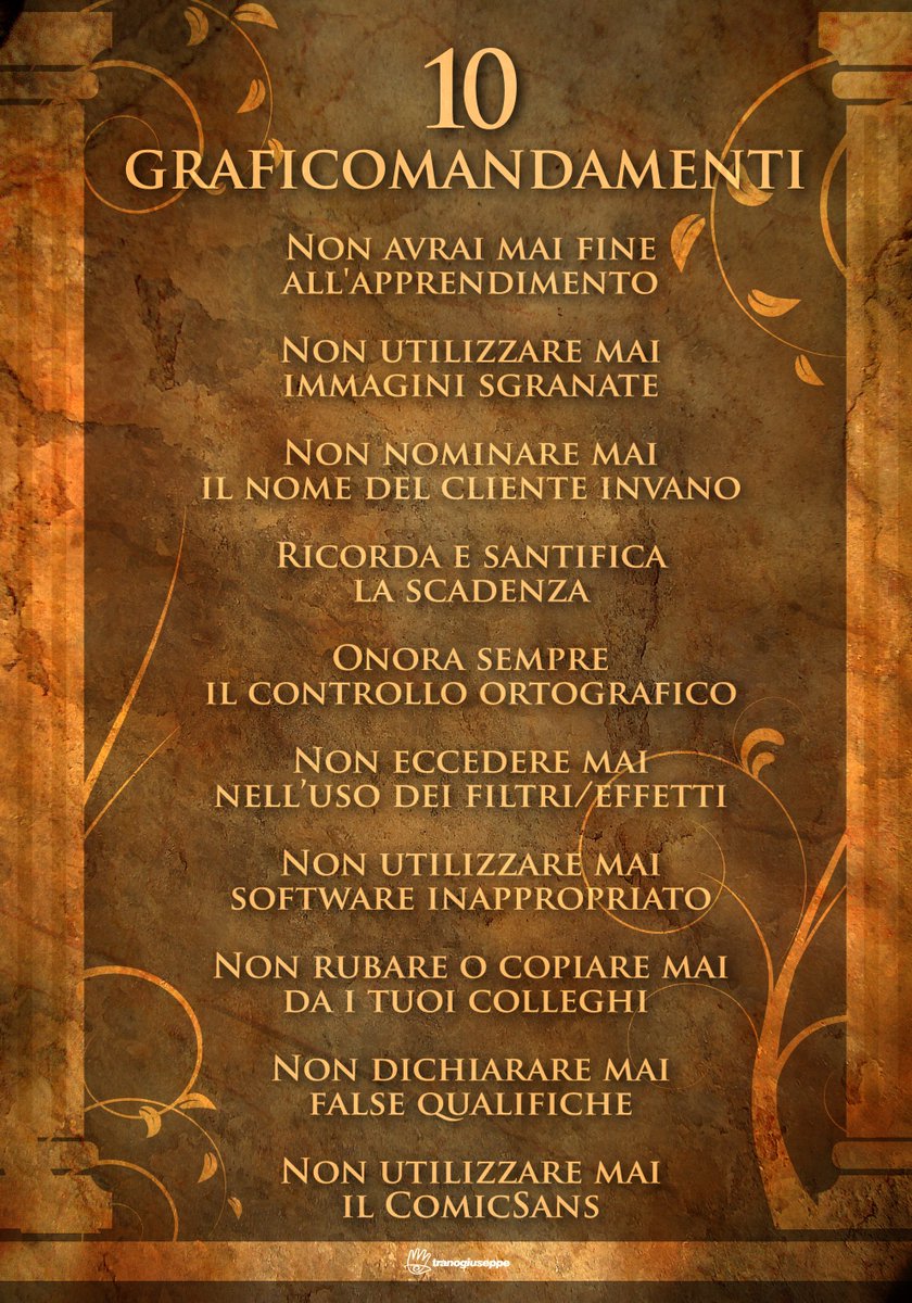 IdeeGrafeb's tweet photo. I 10 GraficoComadamenti: i comandamenti del grafico. 10° Comandamento: E ricordati di non usare il #ComicSans #Grafica https://t.co/I6SdBQnyKO