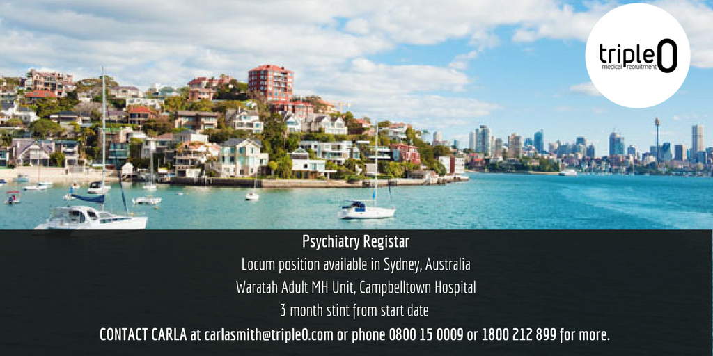 Triple0_Medical's tweet photo. JOB ALERT: Locum psych registrar position available in Sydney, Australia. Contact Carla today for more. #registrar #sydney #locum https://t.co/2KITPvLN0h