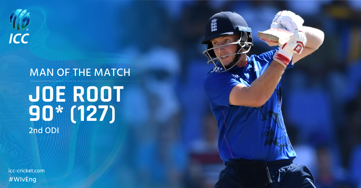 ICC's tweet photo. England's new Test captain dictated play with the bat in the 2nd ODI with a responsible 90 not out - https://t.co/gPbukgTWAp #WIvEng https://t.co/AnCtQHnvx2