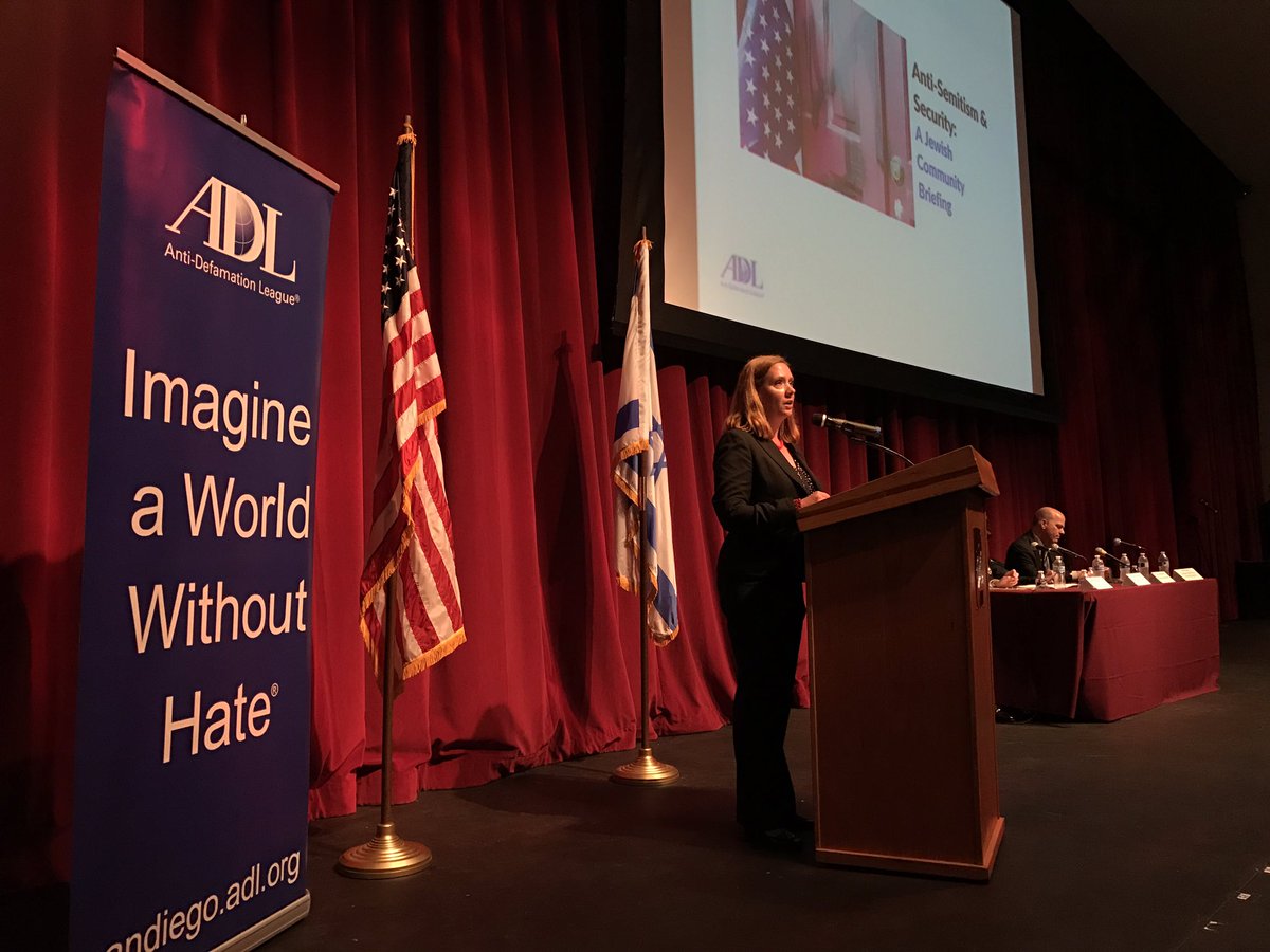 ADL_SD's tweet image. &quot;We encourage the community to plan, connect and report.&quot; - Kelly Wilson, DHS speaking at @SanDiegoJCC #SupportJewishCommunity