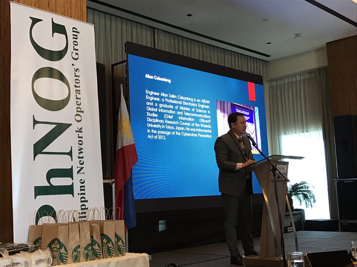 JoyceChenHH's tweet photo. #PhNOG opens with welcome address by #DICT Assistant Secretary Allan Cabanlong, who helped develop 2012 Cybercrime Prevention Act #ICANN https://t.co/CFbxTDbzfg