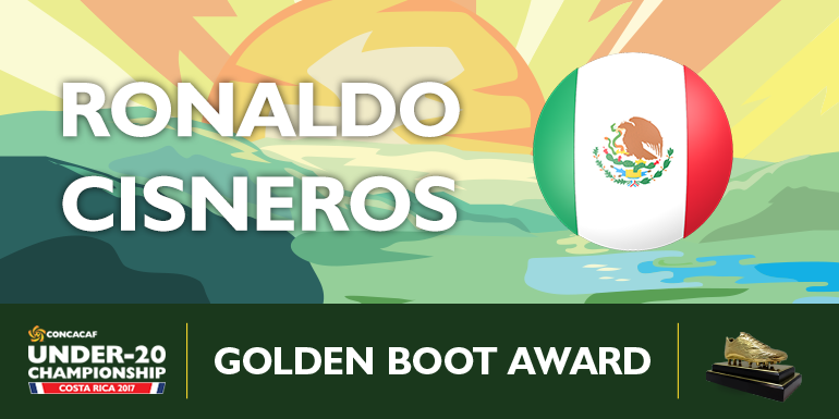 ConcacafEspanol's tweet photo. Ronaldo Cisneros is awarded the #CU20CRC Golden Boot | @miseleccionmx #CONCACAF https://t.co/rvPrM5lUnU