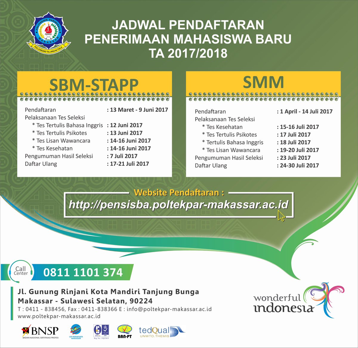 poltekpar_mks's tweet photo. Jadwal Penerimaan Mahasiswa Baru Politeknik Pariwisata Negeri Makassar T.A 2017/2018 https://t.co/vt9lHrnLMv